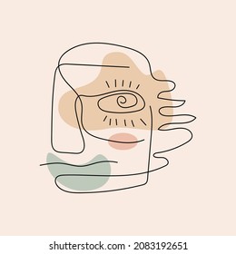 Abstract male face with developing hair and with colored spots. Abstractionism. People sketch. Contemporary art. Continuous line drawing abstract portrait for wall decoration. Vector illustration.