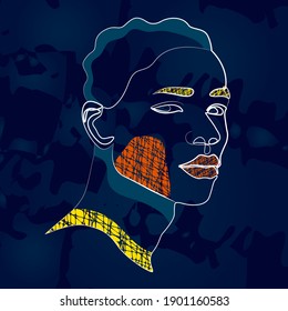 Abstract male face in minimalist style with bright accents on blue background. Surrealism in the depiction of a man. Silhouette drawn in lines. Fashionable printable guy profile