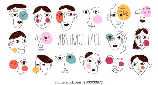 Abstract male and female faces doodle modern portraits collection with continuous line and grunge color design. Man and woman heads graphic outline headshot prints vector illustration. People beauty