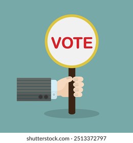 Abstract male hand holding round vote vertical paddle placard with drop shadow on teal background