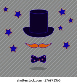 Abstract male icon. Top hat and mustache on stripped background. May be used as a signboard or restroom symbol. 