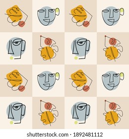 Resumen del patrón de retrato masculino. Líneas impecables de la cara de los hombres dibujadas a mano, líneas continuas de la ilustración de los retratos juveniles de fondo.