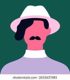 Retrato masculino abstrato, pôster. Homem de moda moderno com bigode e chapéu. Personagem sem rosto, perfil de usuário exclusivo em elegante elegante headwear, estilo urbano chique. Ilustração de vetor plano