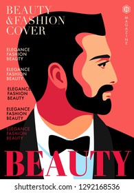 Abstract male portrait, side view. Young man wearing tuxedo and  bow tie. Magazine cover design. Vector illustration