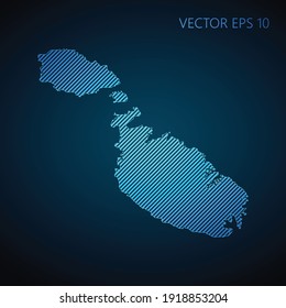 Abstract Malta map template made from blue diagonal lines on dark background. Vector illustration EPS10.