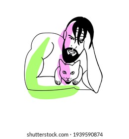Abstract man with a beard and a cat, friends, a man's torso, a long-haired man with bangs, a linear image against a background of pink and red spots.