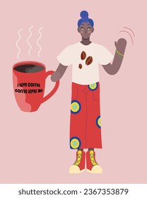 Hombre abstracto con una taza grande de café. Gente brillante.