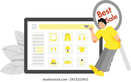 Abstract Man character finding a best sale on web illustration