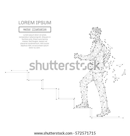 Abstract man climb stairs polygonal, geometry triangle. Light connection structure. Low poly vector background. Business concept