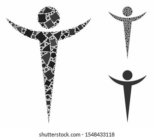 Abstract man composition of joggly pieces in various sizes and color tinges, based on abstract man icon. Vector bumpy pieces are united into composition.