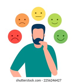 Abstract man control change emotions, fake face. Male play role, choice emotion, control reaction. Vector illustration