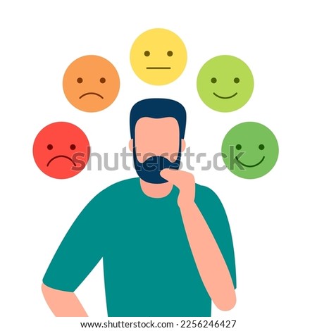 Abstract man control change emotions, fake face. Male play role, choice emotion, control reaction. Vector illustration
