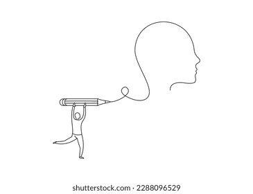 Abstract man drawing a silhouette of a human head. Flat vector linear illustration. The concept of creativity, self-expression, self-portrait.