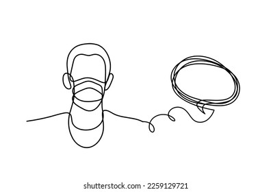 Resumen de la cara del hombre con máscara y globo con comentarios como dibujo de línea sobre fondo blanco. Vector