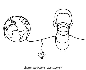 Abstract man face with mask and globe with heart as line drawing on white background. Vector