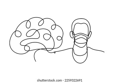 Abstract man face with mask and globe with brain as line drawing on white background. Vector