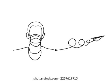 Abstract man face with mask and globe with paper plane as line drawing on white background. Vector