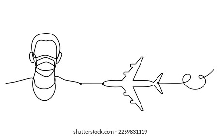 Abstract man face with mask and globe with plane as line drawing on white background. Vector