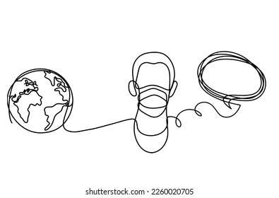 Resumen de la cara del hombre con máscara y globo con comentarios como dibujo de línea sobre fondo blanco. Vector