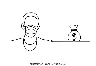 Abstract man face with mask and globe with dollar as line drawing on white background. Vector