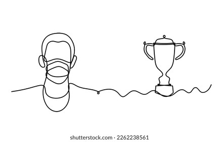 Abstract man face with mask and globe with trophy as line drawing on white background. Vector