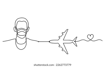 Abstract man face with mask and globe with plane as line drawing on white background. Vector