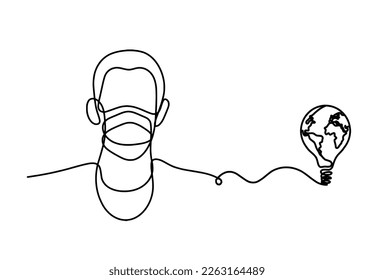 Abstract man face with mask and globe with light bulb as line drawing on white background. Vector