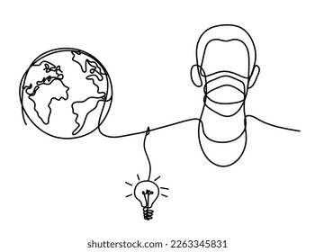 Abstract man face with mask and globe with light bulb as line drawing on white background. Vector