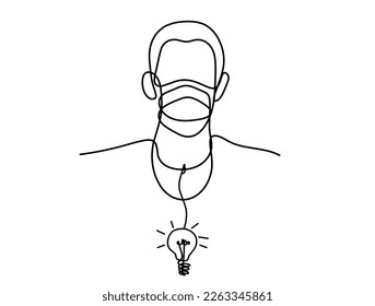 Abstract man face with mask and globe with light bulb as line drawing on white background. Vector