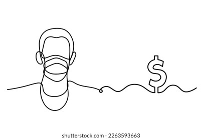 Abstract man face with mask and globe with dollar as line drawing on white background. Vector