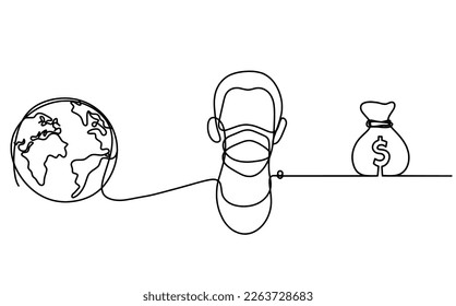 Abstract man face with mask and globe with dollar as line drawing on white background. Vector