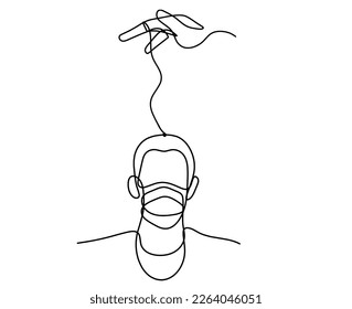 Abstract man face with mask and globe with hand as line drawing on white background. Vector