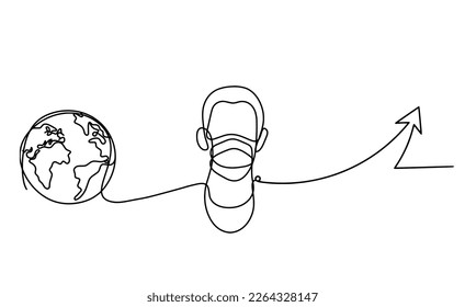 Resumen de la cara del hombre con máscara y globo con dirección como dibujo de línea sobre fondo blanco. Vector