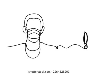 Abstract man face with mask and globe with exclamation mark as line drawing on white background. Vector