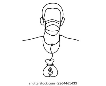 Abstrakter Mann Gesicht mit Maske und Globus mit Dollar als Linie auf weißem Hintergrund. Vektorgrafik