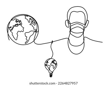 Abstract man face with mask and globe with light bulb as line drawing on white background. Vector