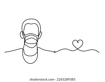Abstract man face with mask and globe with heart as line drawing on white background. Vector