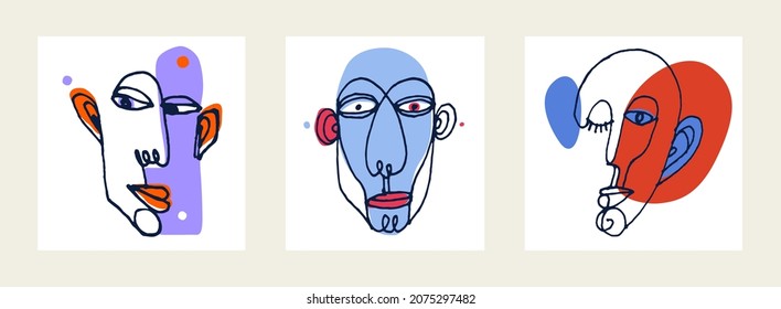 Abstract man face vector artwork set, modern trendy portrait art, hand drawn surreal beauty, minimal artistic design, painted sur human head.