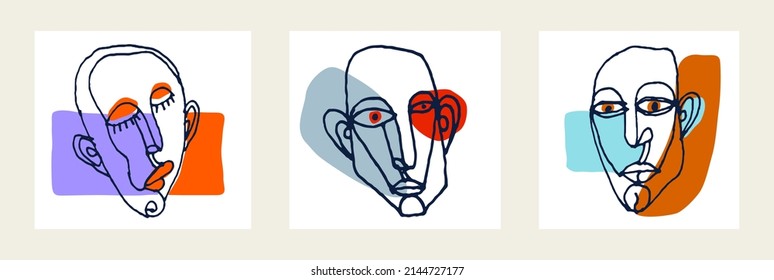 Abstract man face vector artwork set, modern trendy portrait art, hand drawn surreal beauty, minimal artistic design, painted sur human head.