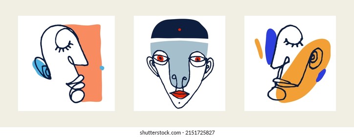 Abstract man face vector artwork set, modern trendy portrait art, hand drawn surreal beauty, minimal artistic design, painted sur human head.