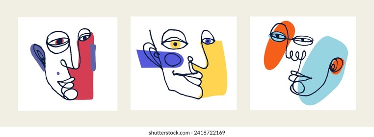 Abstract man face vector artwork set, modern trendy portrait art, hand drawn surreal beauty, minimal artistic design, painted sur human head.