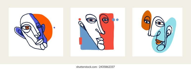 Abstract man face vector artwork set, modern trendy portrait art, hand drawn surreal beauty, minimal artistic design, painted sur human head.