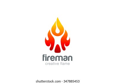 Abstract Man in Fire flame drop Logo design vector template.
Liquid fireball droplet burning Fireman Logotype concept icon.