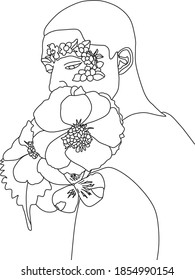 Abstract man with flowers by one line vector drawing. Portrait minimalistic style. Botanical print. Nature symbol of cosmetics. Modern continuous line art. Fashion print. Beaty salon
