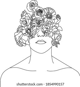 Hombre abstracto con flores por dibujo vectorial de una línea. Retrato de estilo minimalista. Huella botánica. Símbolo natural de los cosméticos. Moderna línea de arte. Impresión de moda. Salón Beaty