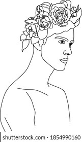 Hombre abstracto con flores por dibujo vectorial de una línea. Retrato de estilo minimalista. Huella botánica. Símbolo natural de los cosméticos. Moderna línea de arte. Impresión de moda. Salón Beaty
