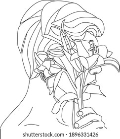 Abstract man with flowers by one line vector drawing. Portrait minimalistic style. Botanical print. Nature symbol of cosmetics. Modern continuous line art. Fashion print. Beaty salon