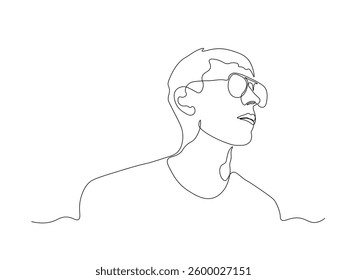 Abstract man, guy with glasses, looks into the distance, continuous single one line art hand drawing sketch logo