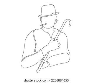 hombre abstracto en un sombrero con un puro y una caña, caballero, dibujado a mano, mono-línea continua, arte de una línea, dibujo de contorno