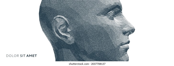 Abstract Man Head Made From Dots. Side View Of Dotted Face Background. Facial Recognition. 3D Vector Illustration.